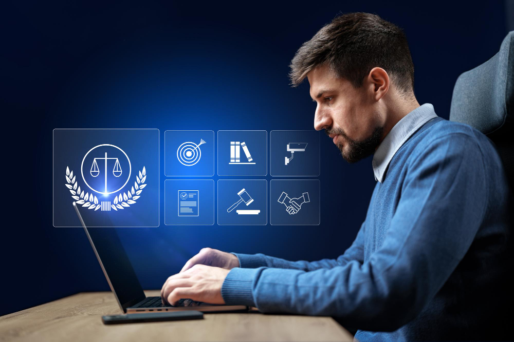 Man using laptop for Digital Notary UK online verification service
