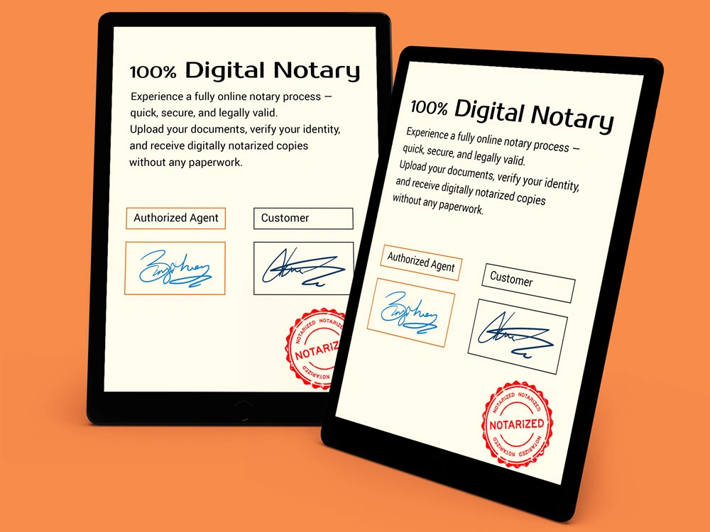 Graphic symbol for 100% Digital Notary: no paper or meetings