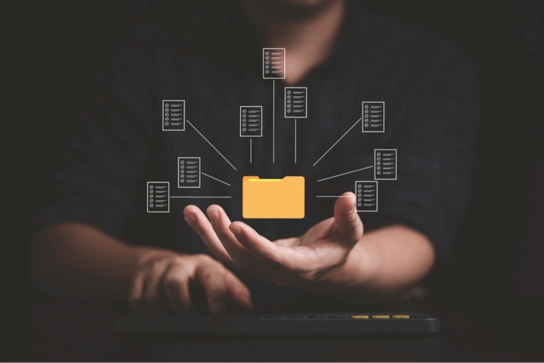 Secure cloud network visualization showing encrypted data transfer and GDPR compliance.