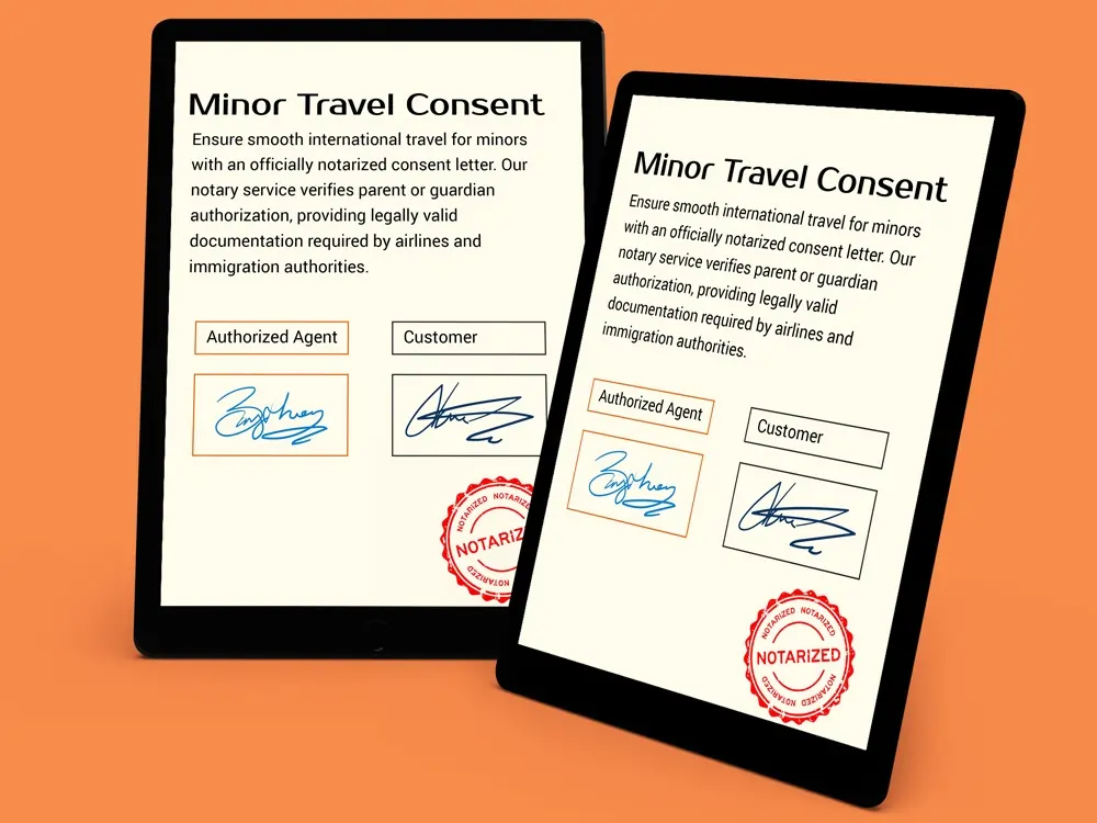 Parent signing a Child Travel Consent form for a minor travelling abroad, witnessed by a notary.