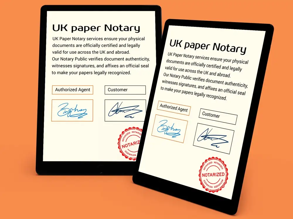 Notary hand-signing physical document for paper notary services
