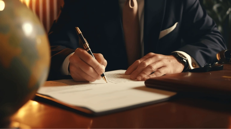 Business partners signing contract witnessed by a notary