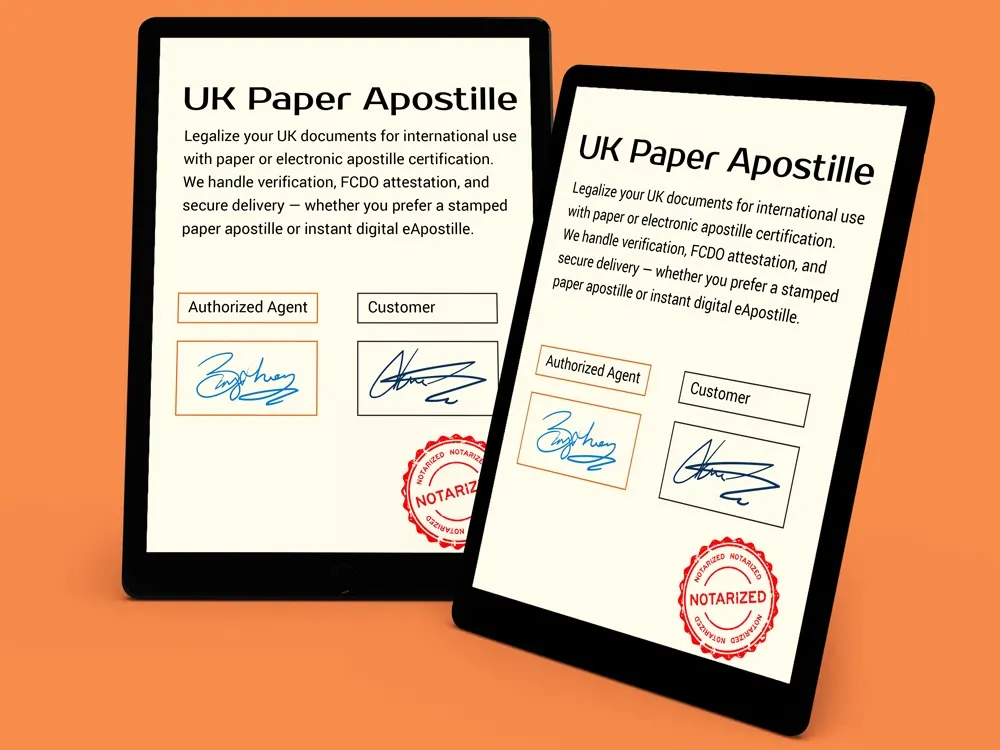 Official UK paper apostille certificate attached to a physical document with a wet-ink signature